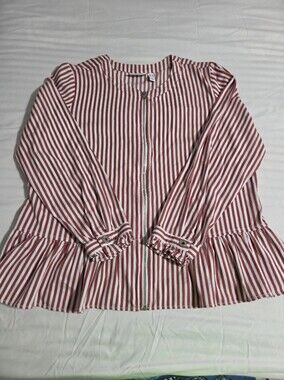 D & Co Chic Striped Red and White Zip Front Peplum Jacket Or Top. Sz XL